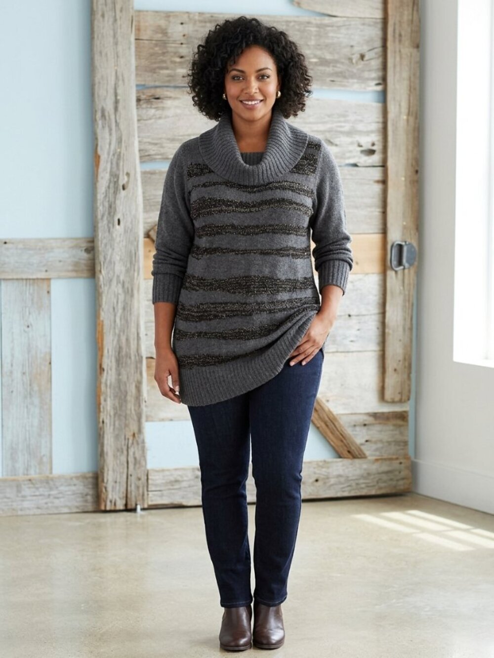 Mxm Plus Size 3X Grey/Black Long Cowl Neck Sweater